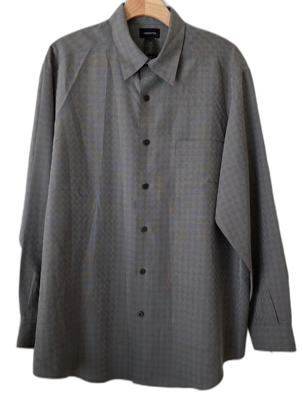 Claiborne Men's XL Gray Check Dress Shirt Long Sleeve Collared Woven Rayon Blend